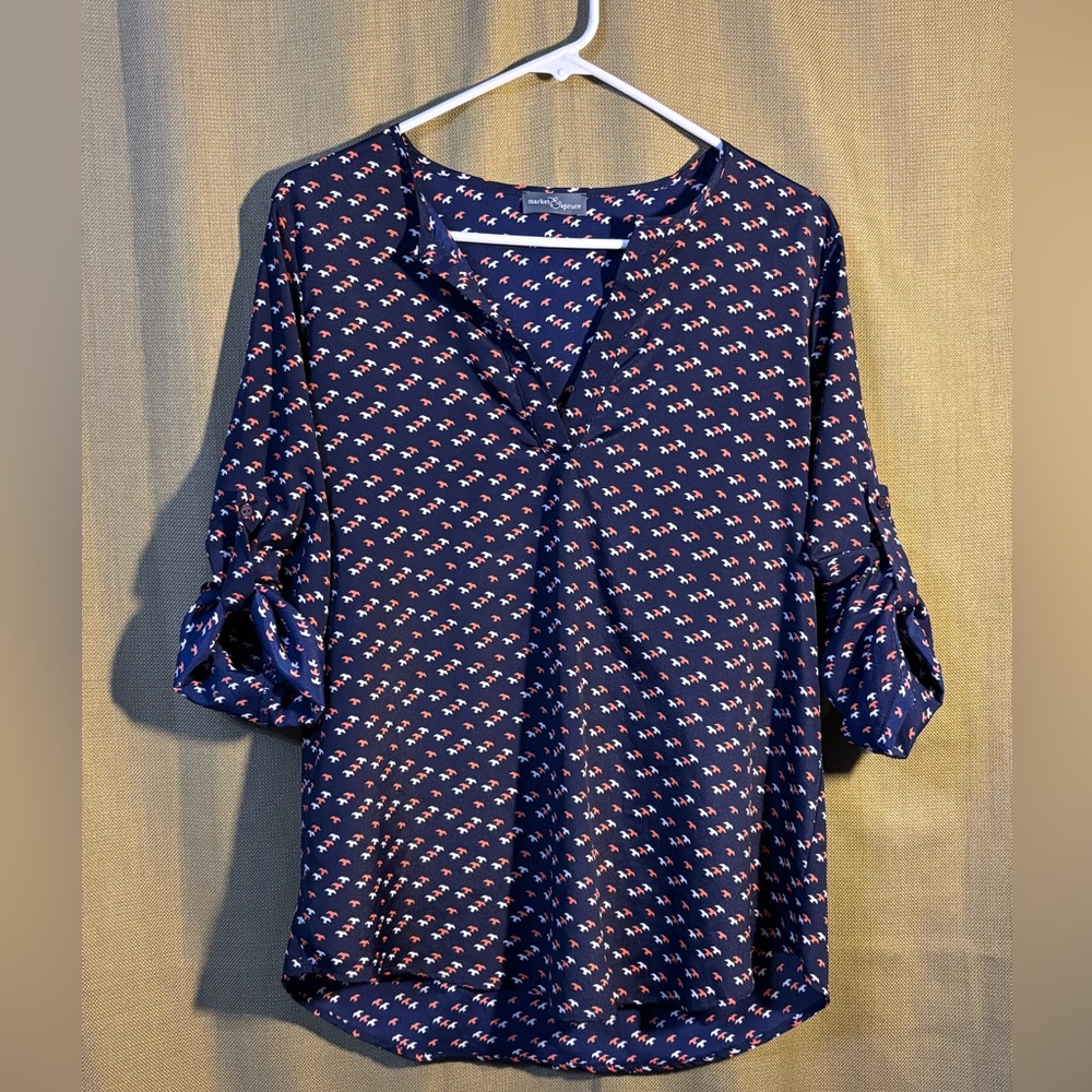 Market Spruce Women's Navy 3/4 Sleeve Bird Tunic Blouse